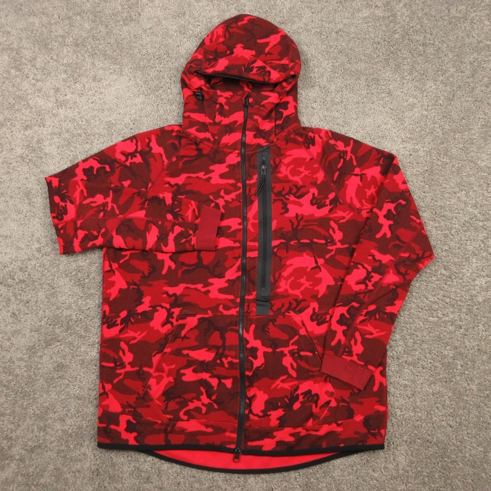 Nike Sweater Mens L Red Camo Sportswear Tech Fleece Full Zip Hoodie Sweatshirt